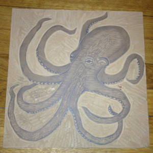 carved octopus linoleum block