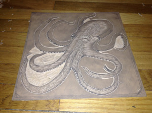 octopus linoleum carving in progress