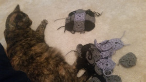 crochet ball pieces with cat